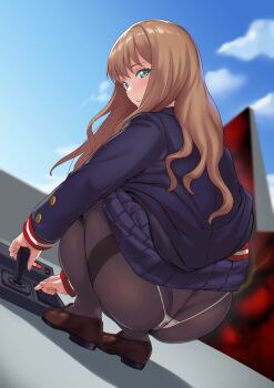 1girl ass black_pantyhose blush brown_hair butt_crack clothes_lift controller dimples_of_venus from_behind game_controller green_eyes gridman_universe highres jirusu long_hair looking_at_viewer looking_back minami_yume panties panties_under_pantyhose pantyhose school_uniform shadow skirt skirt_lift solo squatting ssss.dynazenon thighband_pantyhose thong thong_under_pantyhose underwear