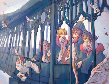 4boys beak bird black_hair blonde_hair bridge brown_hair clenched_teeth closed_mouth collar fat feathers floating floating_object flying glasses gryffindor harry_potter_(series) hogwarts_school_uniform james_potter letter looking_at_viewer lunaheart male_focus multiple_boys necktie one_eye_closed open_mouth owl parted_lips peter_pettigrew remus_lupin robe school_uniform shirt short_hair sirius_black stretching striped_necktie teeth white_shirt wing_collar wizarding_world