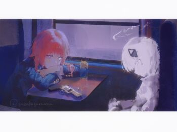 2girls absurdres arms_on_table blazer blue_eyes blue_jacket border bottle braid bullet buttons chair closed_eyes closed_mouth crossed_arms diamond_hair_ornament dual_persona elbows_on_table from_side gun halo handgun head_down head_rest heterochromia highres jacket kaf_(kamitsubaki_studio) kafu_(cevio) kamitsubaki_studio leaning_forward letterboxed light_smile long_sleeves looking_at_viewer medium_hair melting_halo multiple_girls pale_skin pink_hair reflective_table revolver shirt sleeping suzukasuraimu table train_interior twin_braids twitter_username upper_body virtual_youtuber water_bottle weapon white_border white_eyes white_hair white_jacket white_shirt window yellow_pupils