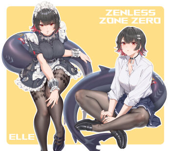 1girl apron black_choker black_dress black_hair black_pantyhose black_shoes blue_skirt border breasts character_name choker collar collared_shirt colored_inner_hair commentary copyright_name dress dress_shirt ellen_joe ellen_joe_(on_campus) fangxiang_cuoluan fingernails fins fish_tail foot_out_of_frame frilled_apron frilled_dress frilled_wristband frills hair_ornament hairband hairclip hand_on_own_knee highres indian_style large_breasts loafers looking_at_viewer maid maid_apron maid_headdress metal_collar metal_hairband mole mole_under_eye multicolored_hair multiple_views nail_polish outline outside_border pantyhose parted_lips puffy_short_sleeves puffy_sleeves red_eyes red_hair red_nails school_uniform shark_girl shark_tail shirt shoes short_hair short_sleeves sitting skirt sleeves_rolled_up tail two-tone_hair white_apron white_border white_outline white_shirt x_hair_ornament yellow_background zenless_zone_zero