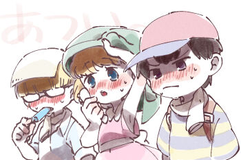 Rule 34 | 1girl, 2boys, ana (mother), baseball cap, black hair, blonde hair, blue eyes, commentary request, dress, hat, hot, lloyd (mother), mother (series), mother 1, multiple boys, ninten, nintendo, open mouth, pink dress, shirt, short hair, shorts, striped clothes, striped shirt, sweat, twintails, ukata