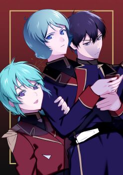 1girl 2boys alternate_universe belt black_belt black_eyes black_hair blue_eyes blue_hair braid char&#039;s_counterattack closed_eyes closed_mouth epaulettes green_hair gundam gyunei_guss highres kamille_bidan looking_at_viewer military_uniform multiple_boys neo_zeon open_mouth quess_paraya rice_mark6 science_fiction smile super_robot_wars super_robot_wars_y twin_braids upper_body zeta_gundam