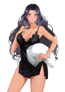 1girl absurdres babydoll black_babydoll black_hair breasts cleavage collarbone cowboy_shot crying crying_with_eyes_open hand_on_own_chest highres holding holding_pillow landacdeus large_breasts long_hair looking_at_viewer mole mole_on_breast mole_under_eye multiple_moles nijisanji nijisanji_en open_mouth pillow red_eyes scarle_yonaguni solo standing tears transparent_background virtual_youtuber wavy_hair