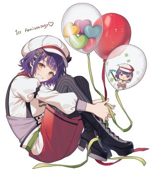 1girl anniversary ascot balloon black_boots black_bow black_pantyhose blunt_bangs blush boots bow buttons commentary_request double-parted_bangs eyelashes grin hair_ornament hat heart high_heel_boots high_heels holding holding_balloon kingyo_114 knees_up lace-up_boots long_sleeves looking_at_viewer looking_to_the_side minecraft minecraft_pickaxe nanase_suzuna nanase_suzuna_(1st_costume) newsboy_cap nijisanji orange_eyes pantyhose pickaxe puffy_sleeves purple_hair red_ascot red_skirt shirt short_hair simple_background skirt smile solo striped_clothes striped_pantyhose teeth vertical-striped_clothes vertical-striped_pantyhose virtual_youtuber wavy_hair white_background white_hat white_shirt