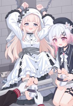 3girls :d absurdres barefoot beret black_hat blonde_hair bound cellphone commentary_request cross cross_earrings cross_ornament crying crying_with_eyes_open dress earrings eugenecolin flower frilled_dress frills glass_bottle grey_eyes hair_ornament hat hat_flower highres hikami_meruru hime_cut jewelry mahou_shoujo_no_majo_saiban multiple_girls nikaido_hiro o-ring o-ring_thigh_strap open_mouth phone pink_eyes pink_hair priestess restrained sakuraba_ema smartphone smile soles tears thigh_strap tickling tickling_feet toes torture veil white_dress white_flower white_hair white_veil x_hair_ornament