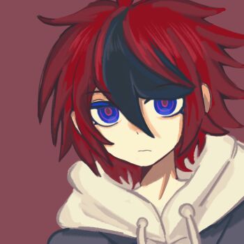 1boy black_background black_hair blue_eyes chinese_commentary closed_mouth commentary_request drawstring hair_between_eyes hanxine hood hood_down hoodie jacket_over_hoodie long_bangs looking_at_viewer male_focus multicolored_hair portrait red_background red_hair red_pupils sanpaku short_hair simple_background solo streaked_hair sumino_takumi the_hundred_line_-last_defense_academy- two-tone_hair white_hoodie