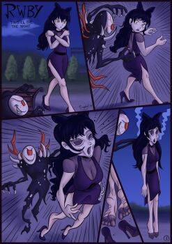 1girl black_hair blake_belladonna breasts cleavage deflated dress geist_(rwby) grimm_(rwby) grin high_heels lifeless possessed possession rwby sagabel skinsuit smile