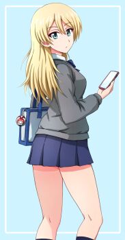 Rule 34 | 1girl, alternate costume, alternate hairstyle, bag, black socks, blonde hair, blue background, blue bow, blue bowtie, blue eyes, blue skirt, bow, bowtie, carrying, cellphone, closed mouth, darjeeling (girls und panzer), dress shirt, from side, girls und panzer, grey sweater, gyaru, hair down, highres, holding, holding phone, kneepits, light frown, long hair, long sleeves, looking at viewer, looking back, miniskirt, omachi (slabco), phone, pleated skirt, school uniform, shirt, skirt, smartphone, socks, solo, standing, sweater, white shirt