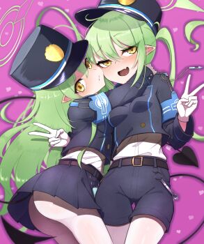 2girls :d armband ass belt black_belt black_hat black_jacket black_shorts black_skirt blue_archive blue_armband blush breasts closed_mouth cowboy_shot demon_girl demon_tail doro9363 double_v fang furrowed_brow gloves gluteal_fold green_hair green_halo hair_between_eyes halo hat head_tilt heart highres hikari_(blue_archive) hug jacket long_hair long_sleeves looking_at_viewer miniskirt multiple_girls nozomi_(blue_archive) open_mouth pantyhose peaked_cap pink_background pleated_skirt pointy_ears shirt shorts siblings sidelocks simple_background sisters skin_fang skirt small_breasts smile tail thigh_gap tsurime twins twintails v very_long_hair white_gloves white_pantyhose white_shirt yellow_eyes