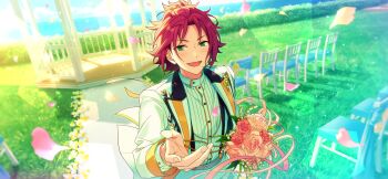 1boy bangs_pinned_back bouquet buttons chair curtained_hair ensemble_stars! flower game_cg grass happy_elements holding holding_bouquet isara_mao lapels layered_clothes long_sleeves ocean offering_hand official_art outdoors outstretched_hand peaked_lapels petals pink_flower pink_petals pink_ribbon pink_rose ribbon ring_(ensemble_stars!) rose short_hair smile third-party_source upper_body