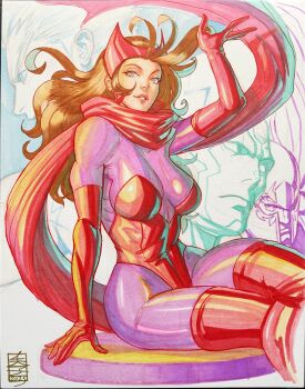 1girl 2025 3boys acecore2k avengers_(series) bodysuit breasts brother_and_sister brown_hair commentary crossed_legs earrings elbow_gloves english_commentary father_and_daughter father_and_son floating_clothes floating_hair gloves green_eyes helmet highres husband_and_wife jewelry large_breasts leotard long_hair magneto marker_(medium) marvel multiple_boys parted_lips pen_(medium) pink_bodysuit pinup_(style) profile quicksilver_(marvel) red_gloves red_leotard red_scarf red_thighhighs scarf scarlet_witch siblings sitting solo_focus thighhighs traditional_media triangle_earrings vision_(marvel) x-men