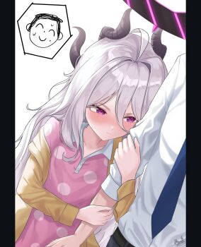 1boy 1girl ahoge arm_hug black_halo black_horns blue_archive blue_necktie blush clip_studio_paint_(medium) closed_mouth collared_pajamas demon_girl demon_horns doodle_sensei_(blue_archive) dutch_angle hair_between_eyes hair_intakes hair_over_shoulder halo height_difference hetero highres hina_(blue_archive) hina_(pajamas)_(blue_archive) horns long_hair long_sleeves looking_at_another multiple_horns necktie nose_blush official_alternate_costume pajamas pink_pajamas polka_dot polka_dot_pajamas purple_eyes reymrd sensei_(blue_archive) shirt signature simple_background slit_pupils solo_focus split_mouth spoken_character upper_body very_long_hair white_background white_hair white_shirt