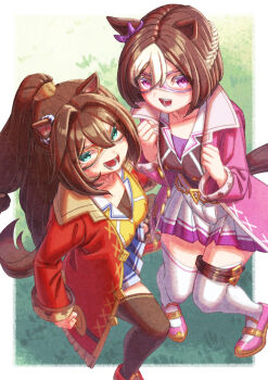 Rule 34 | 2girls, animal ears, black thighhighs, blue eyes, blue skirt, blush, bow, braid, breasts, brown hair, coat, commentary request, cosplay, creape, domino mask, ear bow, ear ribbon, ear scrunchie, el condor pasa (el numero 1) (umamusume), el condor pasa (umamusume), el condor pasa (umamusume) (cosplay), eye mask, hair between eyes, half up braid, highres, horse ears, horse girl, horse tail, jacket, long hair, long sleeves, looking at viewer, mask, medium breasts, multicolored hair, multiple girls, open mouth, pleated skirt, ponytail, purple bow, purple coat, purple eyes, purple jacket, purple ribbon, purple vest, red coat, red jacket, ribbon, shirt, shoes, short hair, skirt, smile, special week (special dreamer) (umamusume), special week (umamusume), tail, teeth, thighhighs, two-tone hair, umamusume, vest, white hair, white skirt, white thighhighs, yellow shirt, zettai ryouiki