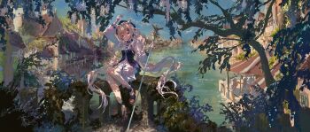 1girl animal_ears beret black_bow black_hat blonde_hair bodice bow brown_shoes building cat_ears cat_girl closed_mouth commentary commentary_request crown day dress english_commentary fantasy hair_bow hair_intakes hair_ornament hairclip hat highres holding holding_crown holding_staff koyamanatsu long_hair long_sleeves mini_crown mixed-language_commentary on_wall original outdoors red_eyes river scenery shade shoes sitting sitting_on_wall smile socks solo staff town tree twintails unworn_crown very_long_hair white_dress white_socks wide_shot x_hair_ornament