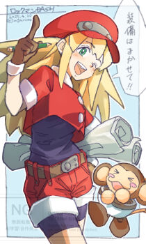 &gt;_&lt; 1girl black_bodysuit blonde_hair blue_background bodysuit border brown_gloves newsboy_cap commentary_request copyright_name cowboy_shot cropped_jacket data_(mega_man) dated gloves green_eyes hat highres holding holding_pencil jacket kageya_(aguruma) long_hair mega_man_(series) mega_man_legends_(series) monkey non-humanoid_robot one_eye_closed open_mouth pencil red_hat red_jacket red_shorts robot robot_animal shorts simple_background speech_bubble teeth translation_request upper_teeth_only white_border