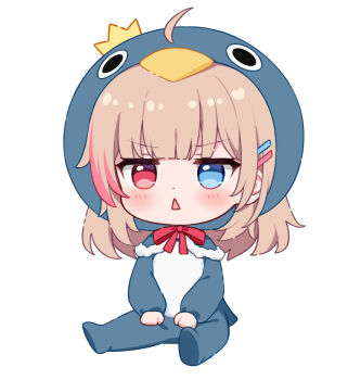 1girl :&lt; ahoge animal_costume animal_hood blue_capelet blue_eyes blush bow brown_hair capelet chibi commentary english_commentary full_body hair_ornament hair_through_headwear hairclip heterochromia hitsukuya hood hood_up hooded_capelet long_sleeves looking_at_viewer multicolored_hair original parted_lips penguin_costume penguin_hood puffy_long_sleeves puffy_sleeves red_bow red_eyes red_hair simple_background sitting solo streaked_hair triangle_mouth white_background