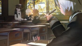 1boy 3d 3girls absurdres arm_up black_hair black_nails black_sailor_collar black_shirt cast chair classroom closed_mouth commentary day desk drawing_(action) drawn_halo drawn_wings english_commentary grey_eyes grey_hair halo highres holding holding_pen indoors layered_sleeves light_rays long_hair long_sleeves madofukin medium_hair multiple_girls nail_polish open_mouth orange_hair original pen sailor_collar sailor_shirt school_chair school_desk school_uniform shirt short_hair sitting standing sunbeam sunlight translation_request window yellow_eyes