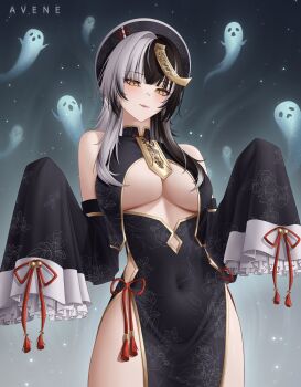 1girl alternate_costume avene_chan black_dress blunt_bangs breasts china_dress chinese_clothes cleavage_cutout clothing_cutout commentary detached_sleeves dress floral_print floral_print_dress frilled_sleeves frills ghost gold_trim grey_hair highres hololive hololive_english jiangshi_costume large_breasts light_smile long_hair long_sleeves looking_at_viewer multicolored_hair ofuda ofuda_on_head pelvic_curtain print_dress shiori_novella side_slit sleeveless sleeveless_dress sleeves_past_fingers sleeves_past_wrists solo split-color_hair symbol-only_commentary virtual_youtuber wide_sleeves yellow_eyes