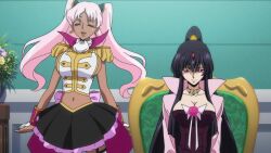 2girls animated anime_screenshot black_hair blue_eyes bouncing_breasts breasts catherine_sabathra cleavage code_geass code_geass:_dakkan_no_roze highres indoors interior large_breasts long_hair midriff multiple_girls navel pink_hair purple_eyes sideboob tagme twintails video