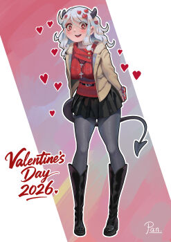 Rule 34 | 1girl, 2026, :d, absurdres, alternate costume, arms behind back, artist name, belt, black belt, black pantyhose, black skirt, boots, brown jacket, commentary, cross, cross necklace, demon horns, demon tail, english commentary, full body, gift, grey hair, heart, helltaker, highres, holding, holding gift, horns, jacket, jewelry, knee boots, modeus (helltaker), necklace, open clothes, open jacket, open mouth, pandawei, pantyhose, red eyes, red sweater, skirt, smile, solo, sweater, tail, upper body, valentine