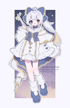 1girl :o artist_name blue_bow blue_bowtie blue_collar blue_eyes blue_shoes blush bow bowtie collar commentary commission crescent crescent_earrings dress earrings frilled_dress frilled_sleeves frills full_body grey_hair hair_bow heterochromia highres jewelry long_hair long_sleeves looking_at_viewer open_mouth original outline ponytail shoes single_earring socks solo standing standing_on_one_leg upa_papa_co watermark white_dress white_outline white_socks yellow_eyes