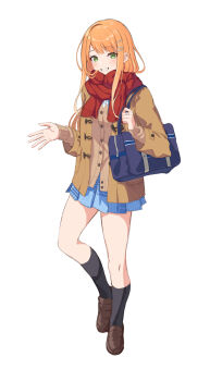 1girl absurdres bag black_socks blue_skirt blush brown_cardigan brown_jacket brown_shoes cardigan commentary_request duffel_jacket full_body gakuen_idolmaster green_eyes highres idolmaster jacket kneehighs loafers long_hair long_sleeves looking_at_viewer miniskirt nune_(60569) open_clothes open_jacket orange_hair pleated_skirt red_scarf scarf school_bag school_uniform shiun_sumika shoes shoulder_bag simple_background skirt smile socks solo white_background
