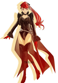 1girl afterimage artist_name belt black_cape black_choker black_leotard boots cape choker collarbone commentary full_body gloves high_heel_boots high_heels highres leotard long_hair looking_at_viewer onikuzun persona persona_5 persona_5_the_royal ponytail red_eyes red_gloves red_hair sheath sheathed simple_background solo sword thigh_boots violet_(persona_5) weapon white_background yoshizawa_kasumi