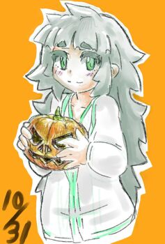 1girl blunt_bangs blush collarbone commentary_request green_eyes green_trim hiyajou_maho holding holding_pumpkin jack-o'-lantern jacket_over_dress long_hair long_sleeves looking_at_viewer messy_hair pumpkin sadarann science_adventure shirt simple_background smile solo steins;gate steins;gate_0 thick_eyebrows very_long_hair yellow_background