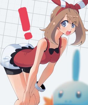 ! 1girl :o bent_over bike_shorts blurry blurry_background breasts brown_hair commentary gen_3_pokemon gjh grey_eyes grid_background hairband hands_on_own_knees highres long_hair looking_at_viewer may_(pokemon) medium_breasts mudkip nintendo open_mouth pokemon pokemon_(creature) pokemon_omega_ruby_and_alpha_sapphire red_hairband shorts shorts_under_shorts teeth upper_teeth_only white_shorts wide-eyed