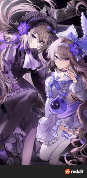 2girls absurdres bonnet bow bowtie dress dual_persona flower frilled_dress frilled_sleeves frills hair_ornament herta_(honkai:_star_rail) herta_(puppet)_(honkai:_star_rail) herta_(puppet)_(tea_break)_(honkai:_star_rail) herta_(simulated_universe_avatar)_(honkai:_star_rail) highres honkai:_star_rail honkai_(series) long_hair md5_mismatch multiple_girls nyari plate puffy_sleeves purple_bow purple_bowtie purple_eyes purple_flower purple_nails purple_shoes resolution_mismatch shoes source_smaller the_herta_(honkai:_star_rail) the_herta_(tea_break)_(honkai:_star_rail) thighhighs x_hair_ornament