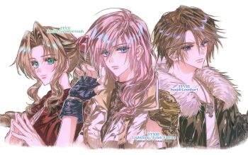 1boy 2025 2girls aerith_gainsborough armband black_armband black_gloves black_jacket blue_eyes braid braided_ponytail breasts brown_hair brown_sweater character_name choker closed_mouth commentary_request copyright_name dress earrings final_fantasy final_fantasy_vii final_fantasy_vii_remake final_fantasy_viii final_fantasy_xiii fingerless_gloves flower_choker fur-trimmed_jacket fur_trim gloves green_eyes hair_between_eyes hair_over_shoulder hair_ribbon highres jacket jewelry korean_commentary light_smile lightning_farron long_hair medium_breasts multiple_girls necklace neveromance own_hands_together parted_bangs parted_lips pink_dress pink_hair pink_ribbon red_jacket ribbon scar scar_on_face scar_on_forehead shirt short_hair sidelocks silver_necklace single_bare_shoulder single_braid single_shoulder_pad sleeveless sleeveless_turtleneck squall_leonhart stud_earrings sweater turtleneck twitter_username upper_body vest wavy_hair white_background white_shirt white_vest