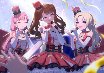 Rule 34 | 4girls, :d, ;d, ^ ^, absurdres, anyoji hime, bare shoulders, blonde hair, blue eyes, blush, braid, breasts, brown hair, closed eyes, collarbone, commentary request, cowboy shot, detached collar, dress, elbow gloves, frilled gloves, frills, fujishima megumi, gloves, grin, hat, highres, holding, holding microphone, key of like!, light particles, link! like! love live!, long hair, looking at viewer, love live!, low twintails, medium breasts, microphone, mini hat, mini shako cap, mira-cra park!, multiple girls, noginogiro, one eye closed, open mouth, osawa rurino, pink hair, ponytail, pov, purple eyes, red dress, red hat, shako cap, short dress, side braid, single hair intake, sleeveless, sleeveless dress, smile, streamers, teeth, tilted headwear, twintails, upper teeth only, virtual youtuber, white gloves