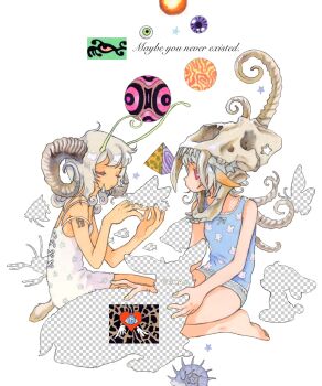 2girls animal_skull antennae bone bug closed_eyes english_text eyeball fish highres horns long_hair multiple_girls oliwa original pointy_ears pyramid_(geometry) red_eyes seashell shell short_hair white_background white_hair