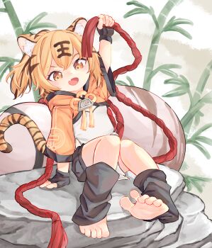 1girl animal_ears azur_lane blonde_hair chaosexceed fang feet fingerless_gloves gloves highres hood hoodie hu_pen_(azur_lane) open_mouth rock sitting skin_fang soles solo stirrup_legwear tail tiger_ears tiger_girl tiger_tail toeless_legwear toenails toes