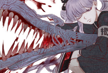 Rule 34 | blood, blood splatter, commentary, double bun, english commentary, hair bun, headband, highres, holding, holding weapon, last defense academy school uniform, lotsamozzarella, one eye closed, pink hair, purple eyes, sad, school uniform, the hundred line -last defense academy-, tsukumo kako, weapon, white background