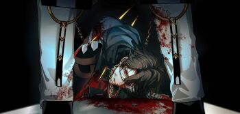 Rule 34 | 2boys, absurdres, arched back, bent over, black-framed eyewear, black pants, black shoes, bleeding, blood, blood from mouth, blood on clothes, blood on face, blood splatter, broken eyewear, brown hair, chain, chain leash, chinese commentary, coat, commentary request, glasses, gold chain, grey coat, grey scarf, highres, honkai: star rail, honkai (series), impaled, injury, kneeling, kt-hl, leash, looking at viewer, male focus, multicolored hair, multiple boys, pants, parted lips, red eyes, scarf, semi-rimless eyewear, shoes, short hair, spikes, streaked hair, under-rim eyewear, void archives, welt yang, white pants, white streaks, yaoi