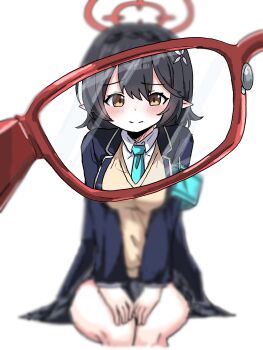 1girl armband ayane_(blue_archive) black_hair black_skirt blue_archive blue_armband blue_jacket blue_necktie blurry brown_sweater_vest closed_mouth commentary_request glasses halo highres jacket long_sleeves looking_at_viewer miniskirt necktie partial_commentary plaid_clothes plaid_skirt pointy_ears red-framed_eyewear red_halo short_hair sitting skirt smile solo split_mouth sweater_vest tachikaze_miyako white_background yellow_eyes