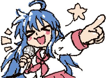 &gt;_&lt; 1girl :3 ahoge animated animated_gif beachepisode blue_hair blush closed_eyes holding holding_microphone izumi_konata long_sleeves lucky_star microphone neckerchief open_mouth pleated_skirt pointing red_neckerchief red_skirt ryouou_school_uniform school_uniform simple_background skirt smile solo white_background wigglypaint_(medium) x3