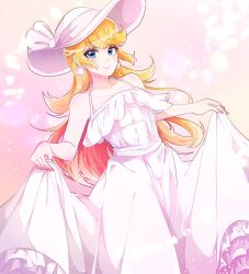 Rule 34 | 1girl, artist name, bare arms, bare shoulders, blonde hair, blue eyes, breasts, closed mouth, clothes lift, dress, dress lift, flat chest, frills, hair between eyes, hat, hat ribbon, holding, indisk irio, light, long hair, looking at viewer, mario (series), nintendo, off shoulder, pink dress, princess peach, ribbon, simple background, sleeveless, sleeveless dress, smile, solo, standing, sun hat, sundress, white dress, white hat