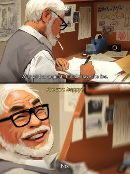 1boy black-framed_eyewear english_text facial_hair glasses grey_vest highres holding holding_pen indoors male_focus miyazaki_hayao_(person) old old_man paper pen real_life sam_yang smile subtitled teeth vest white_hair
