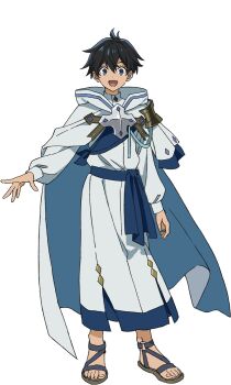 Rule 34 | 1boy, black hair, cloak, full body, grey eyes, highres, looking at viewer, mizuzokusei no mahoutsukai, official art, open mouth, robe, ryou (mizuzokusei no mahoutsukai), sandals, short hair, simple background, solo, transparent background, white cloak, white robe