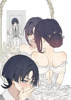 1boy 1girl alternate_costume alternate_hairstyle aqua_eyes arms_at_sides bare_shoulders belt belt_buckle black_belt black_hair black_necktie blunt_ends blush bouquet bright_pupils buckle candle choppy_bangs collar collarbone collared_shirt commentary contemporary couple covering_own_mouth door dress english_commentary eyelashes faceless faceless_male fang fingernails floral_print floral_print_dress flower formal_clothes frilled_dress frills genshin_impact gradient_hair grey_eyes grey_vest hair_bun hands_in_pockets hetero highres husband_and_wife looking_at_another median_furrow mirror mona_(genshin_impact) multicolored_hair necktie off-shoulder_dress off_shoulder pants pink_hair print_dress scaramouche_(genshin_impact) shirt shoulder_blades sidelocks single_hair_bun skin_fang sleeves_rolled_up standing tsurime undershirt vest wedding_dress white_background white_collar white_dress white_flower white_pants white_pupils white_shirt white_sleeves ysnden