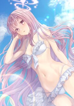 1girl absurdres bikini blue_archive blue_sky breasts cloud frilled_bikini frills halo hashtag-only_commentary highres lens_flare long_hair looking_at_viewer low_wings medium_breasts mika_(blue_archive) mika_(swimsuit)_(blue_archive) mizuki_riyu navel parted_lips pink_eyes pink_hair sky solo sunlight swimsuit very_long_hair white_bikini wind wings