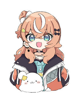 1girl :d animal blue_dress blue_eyes blush_stickers bow brown_hair brown_jacket chibi commentary cropped_torso dress fang hair_bow hair_bun hair_ornament hairclip igarashi_rika igarashi_rika_(1st_costume) jacket long_hair looking_at_viewer multicolored_hair nijisanji nozo_(hitomiz) one_side_up open_clothes open_jacket open_mouth seal_(animal) simple_background single_side_bun smile solo star_(symbol) star_hair_ornament streaked_hair upper_body virtual_youtuber white_background white_bow white_hair