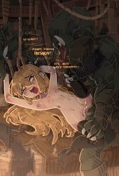 1boy 1girl armpits arms_up black_thighhighs blonde_hair boots bound bound_arms breasts claws english_text goblin hetero highres imminent_orgasm interspecies loli long_hair lying monster nipples nude on_back open_mouth penis pointy_ears pussy rape red_eyes restrained serena_(violated_heroine) serena_fuoco_brilliante_de_grazia sex shuuko_(s_h_uuko) small_breasts spread_legs tears thigh_boots thighhighs unwanted_creampie vaginal violated_heroine wide_hips