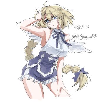 1girl artist_name asagi_ac_530 blonde_hair blue_bow blue_shorts bow braid breasts character_request commentary copyright_request hair_between_eyes hair_bow hair_over_one_eye hand_in_own_hair hand_on_own_thigh highres long_hair looking_at_viewer shorts simple_background sleeveless solo symbol-only_commentary white_background white_wings wings