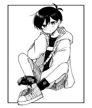 Rule 34 | 1boy, antenna hair, bright pupils, closed mouth, commentary request, english text, greyscale, hair behind ear, highres, hood, hood down, hooded jacket, jacket, kiimorisame, long sleeves, looking at viewer, male focus, mewo, monochrome, official alternate costume, omori, prototype design, shoes, short hair, shorts, sneakers, socks, solo, something (omori), sunny (birthday) (omori), sunny (omori)