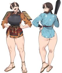 Rule 34 | 1girl, armor, blue kimono, bracer, breasts, brown eyes, brown hair, chest guard, chipped tooth, club (weapon), dungeon meshi, feet, from behind, full body, hair over shoulder, hand on own hip, hands on own hips, head tilt, highres, holding, holding club, holding weapon, horns, inutade, japanese armor, japanese clothes, kimono, kusazuri, large breasts, long hair, looking at viewer, looking to the side, low twintails, mole, mole under eye, multiple views, oni, open mouth, orange kimono, profile, sandals, short kimono, shoulder armor, simple background, skin-covered horns, sleeves past elbows, smile, sode, standing, teeth, thick thighs, thighs, toes, turning head, twintails, underbutt, upper teeth only, urec, weapon, white background