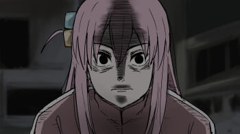 1girl ahoge bocchi_the_rock! cube_hair_ornament detached_ahoge gotoh_hitori hair_between_eyes hair_ornament highres itadori_yuuji jacket jujutsu_kaisen long_hair long_sleeves looking_at_viewer one_side_up pink_hair pink_jacket pink_track_suit side_ahoge solo tenten_(chan4545) track_jacket track_suit