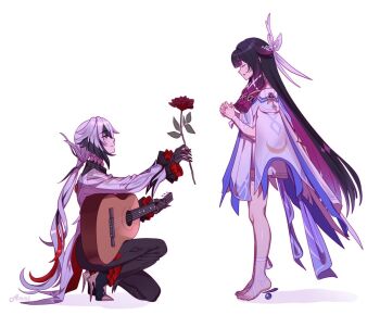 2girls annidrw arlecchino_(genshin_impact) black_eyes black_hair black_pants closed_eyes columbina_(genshin_impact) dress eye_mask flower genshin_impact grey_hair guitar hair_between_eyes head_wings high_heels holding holding_flower holding_guitar holding_instrument instrument long_hair long_sleeves mask multicolored_hair multiple_girls pants pink_hair shirt streaked_hair two-tone_hair very_long_hair white_background white_dress white_hair white_shirt wings